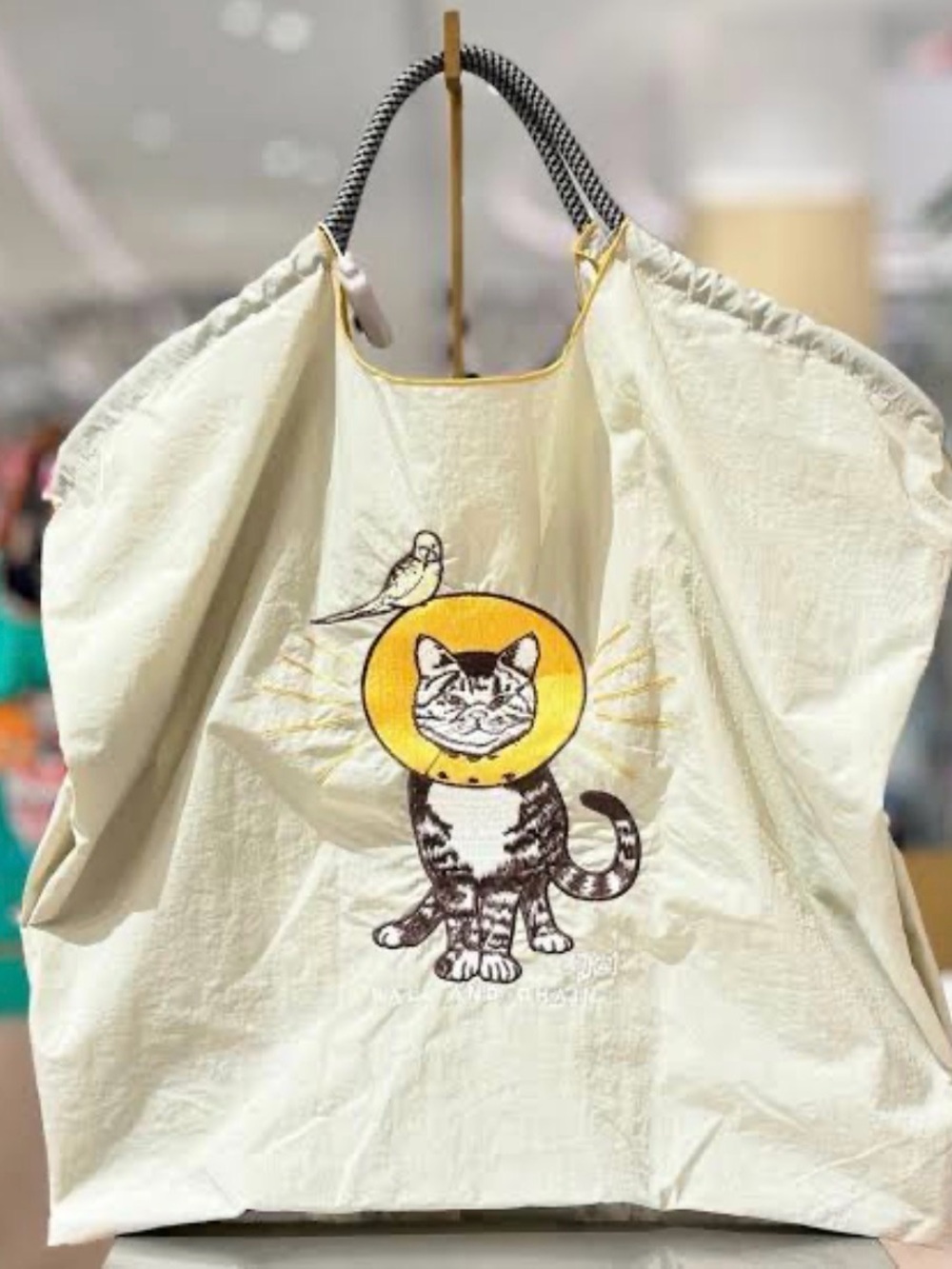 Cream Cat Tote Bag with Yellow Cat Graphic